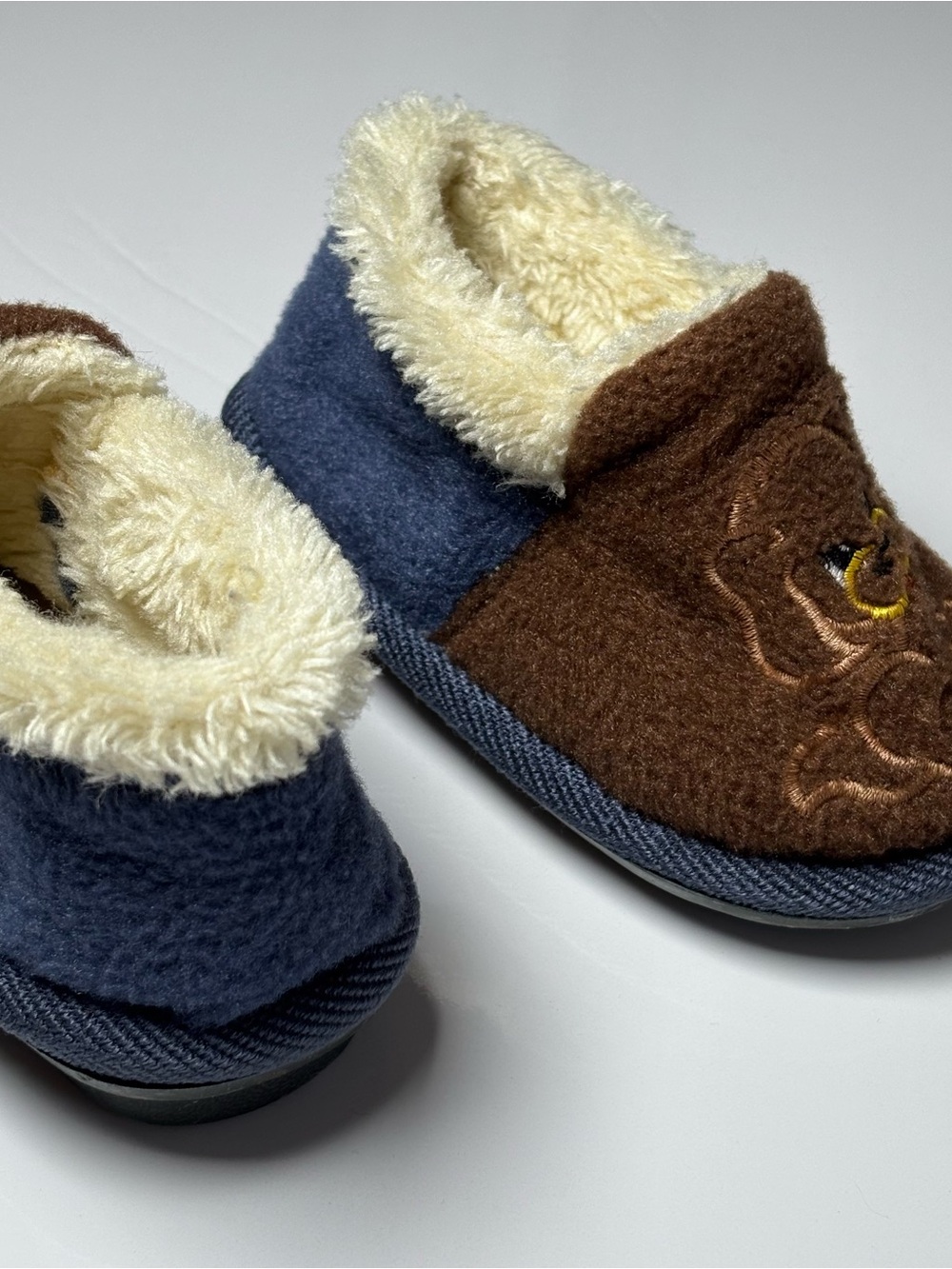 Puppy Dog Faux Fur Slippers Brown Vintage Retro Style Size 4-5 Navy Blue - Picture 8 of 9